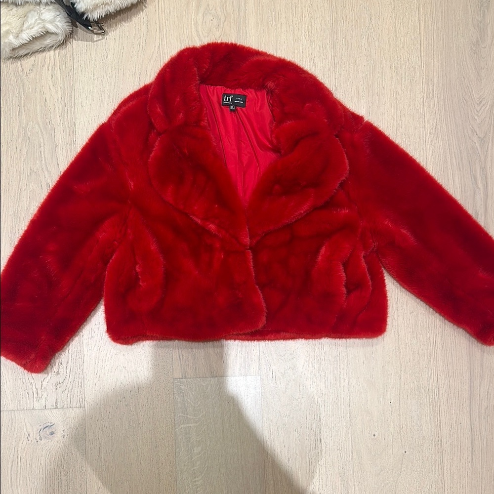 Zara Red Fur Jacket Sz L EUC
